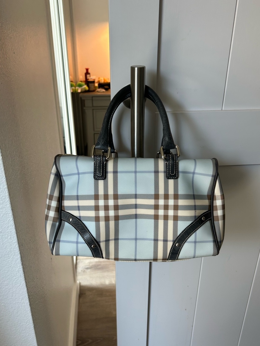 vintage Burberry Blue Nova Check Mini Boston Tote Bag